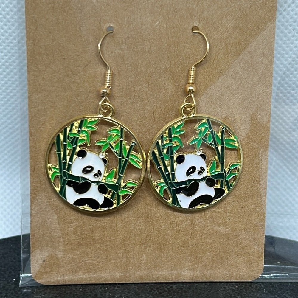 Cute panda with bamboo dangle earrings